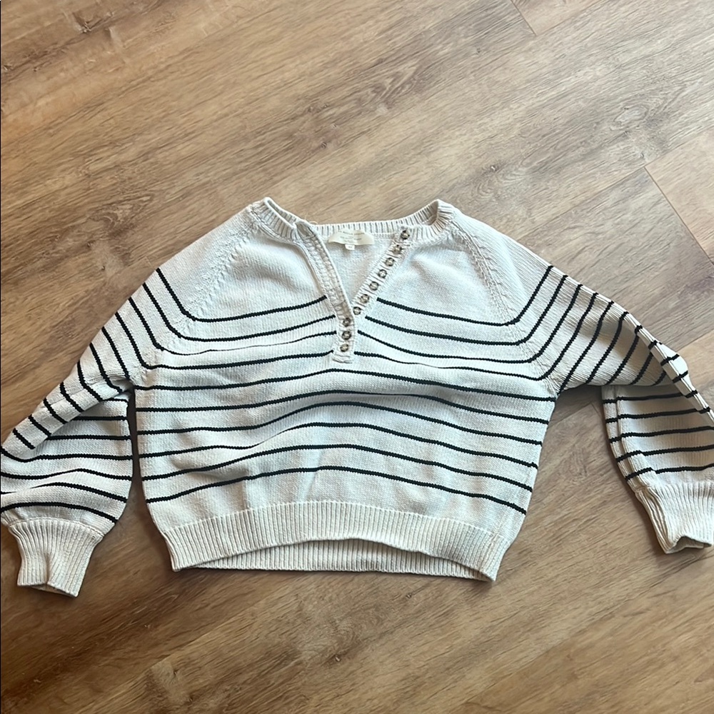 Sezane Ivory and Black Striped Button Sweater